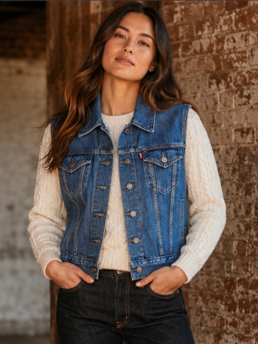 Levi’s Iconic Blue Denim Trucker Vest NWT Red Tab Classic Western Boho Chic Sz S - Picture 12 of 13